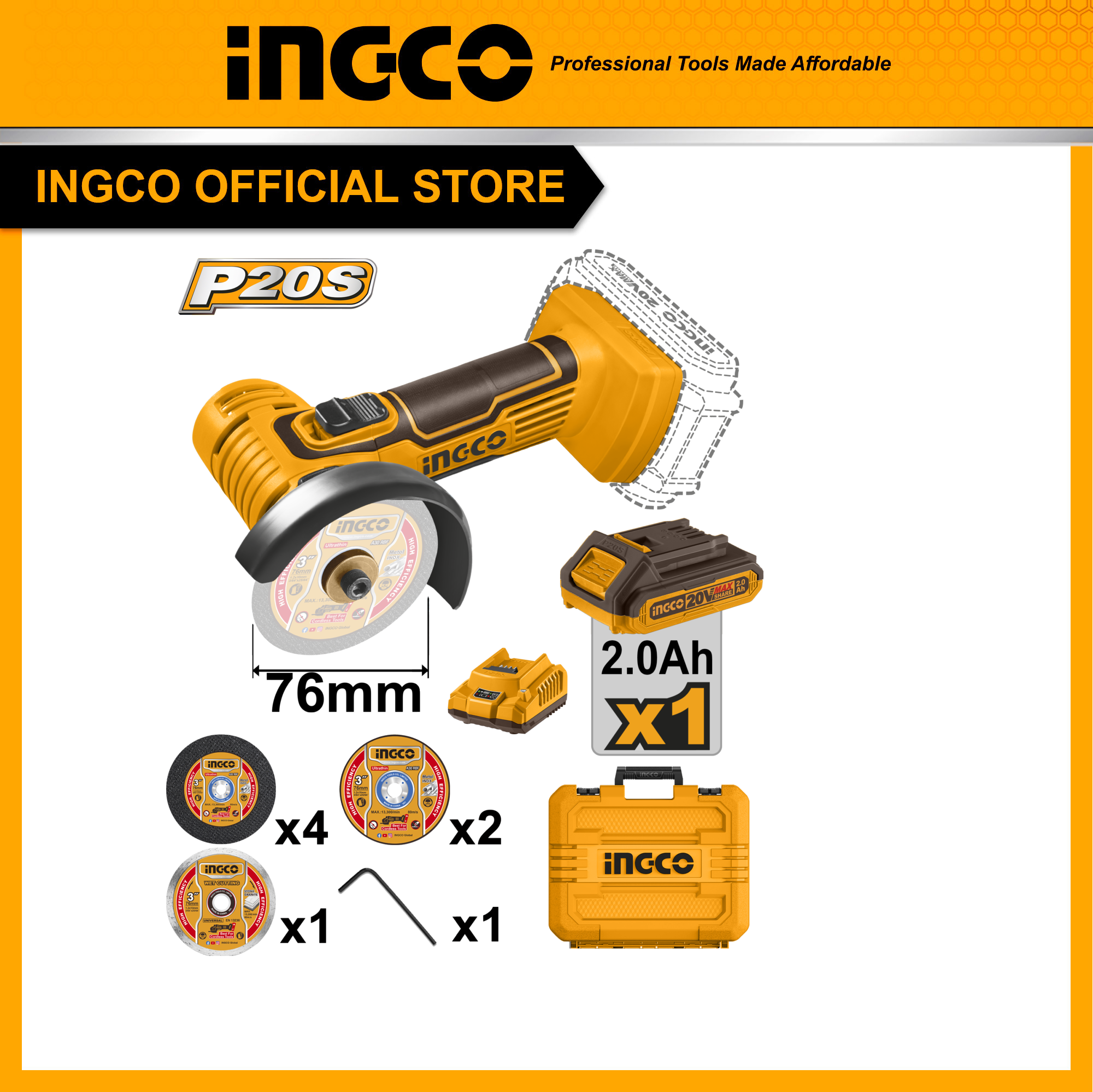 Máy cắt đa năng mini dùng pin ingco cagli76012 đi kèm hộp đựng, 1 pin 20v và 1 sạc.