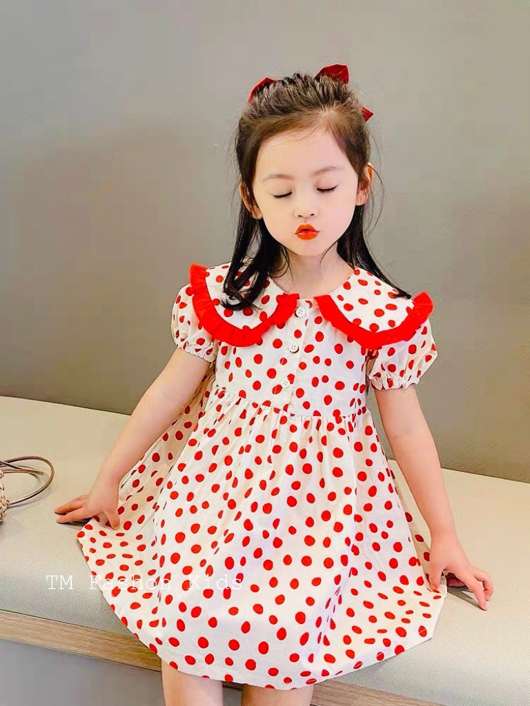 Váy bé gái - Váy cổ sen họa tiết chấm bi