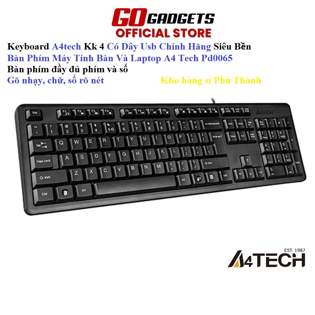Keyboard a4tech kk 4 có dây usb chính hãng siêu bền bàn phím máy tính bàn và laptop đầy đủ chữ và số rõ nét a4 tech pd0065