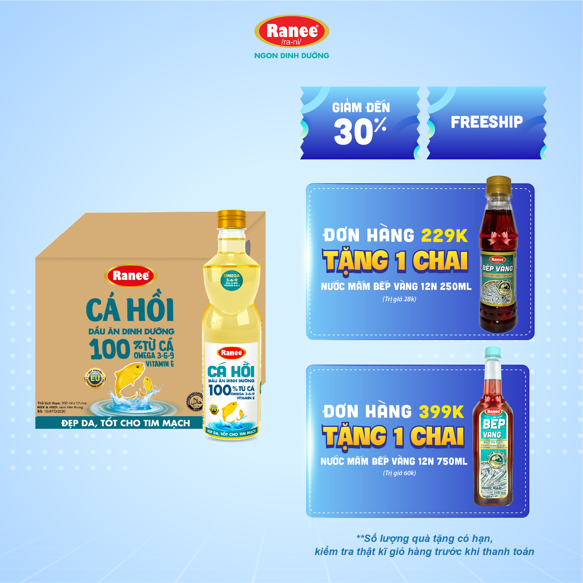 Thùng dầu ăn Ranee Cá Hồi 950ml - 1 lít  (950ml/chai  hoặc 1 lít x 12 chai)