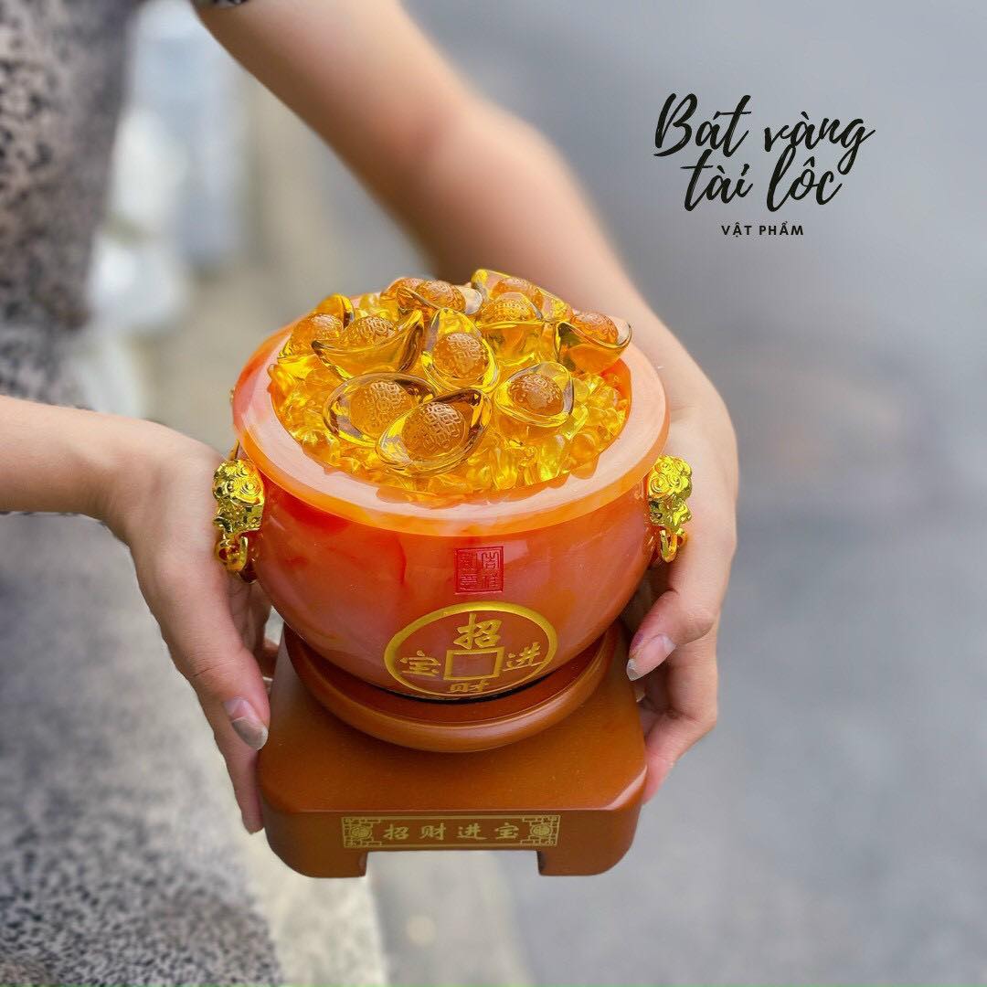Hủ vàng, Bát Tụ Bảo, Bát tụ tài phong thủy đá mã não chiêu tài lộc cho ngôi nhà của bạn - Cao 18 cm