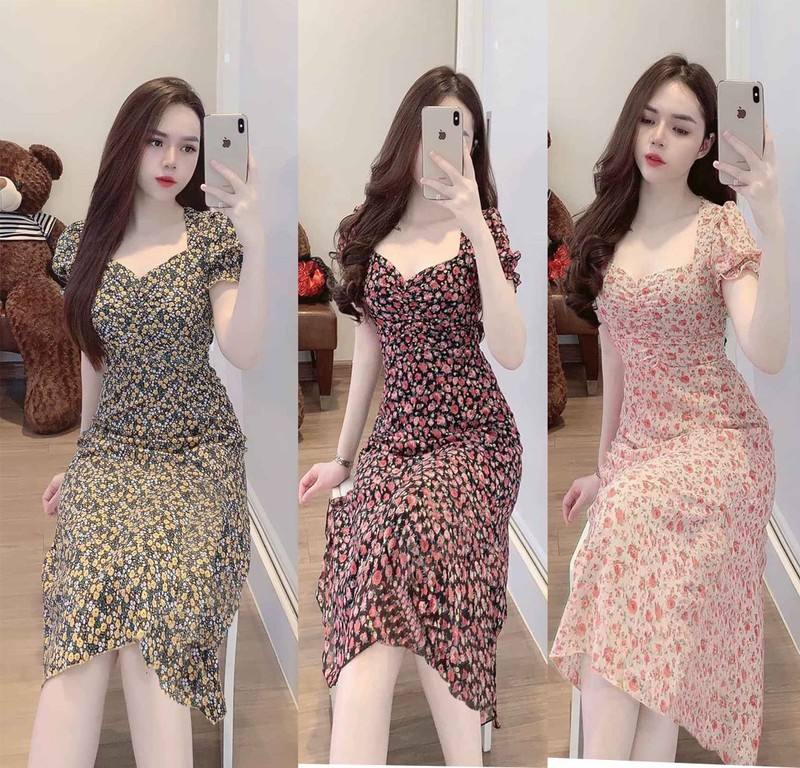 Đầm maxi hoa nhí màu mới cổ vuông tay nhún thun
