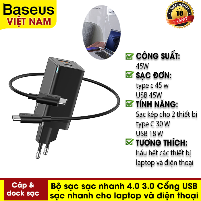 Bộ sạc USB 45W Pd có sạc nhanh 4.0 3.0 Cổng USB - GAN mini quick charger C+C 45W EU-  sạc nhanh cho  máy tính xách tay và điện thoại