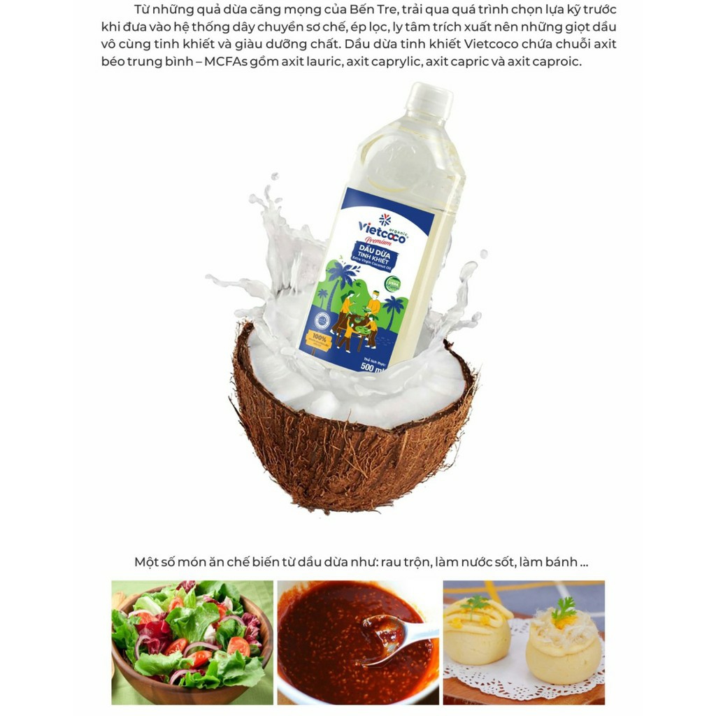 Dầu Dừa Tinh Khiết 100% Organic VietCoCo Chai 500ml