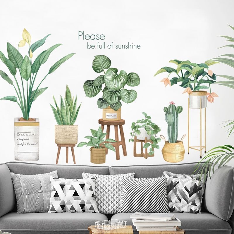 Decal dán tường chậu cây trên ghế