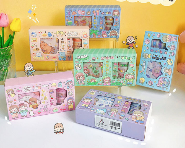 Hộp 5 cuộn washi và sticker dán trang trí