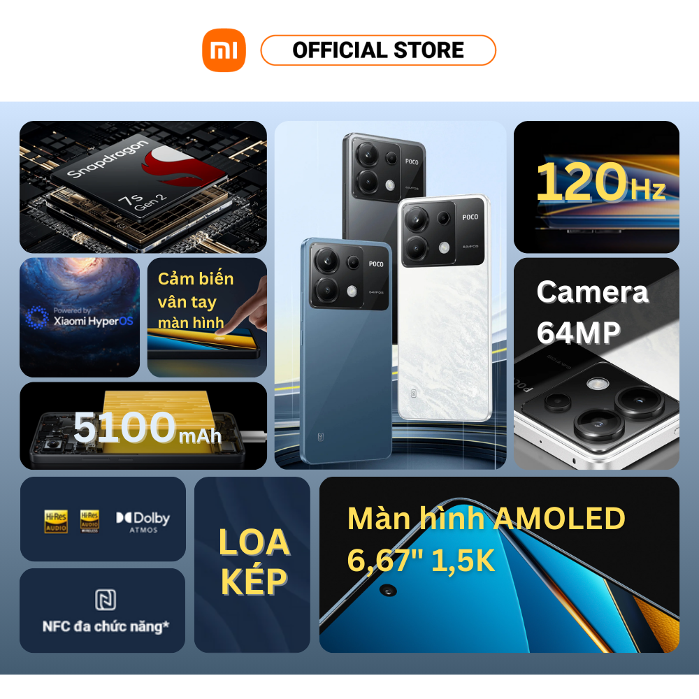 Điện thoại thông minh POCO X6 5G (8+256GB | 12+256GB) | AMOLED 120Hz | Snapdragon 7s Gen2 | 3 Camera 64MP | 5100mAh