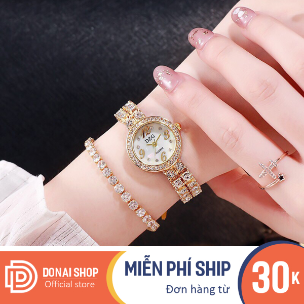 Giá bán Đồng hồ thời trang nữ DZG, mặt tròn số chạy 3 kim, dây kim loại đính đá sang trọng, bảo hành 6 tháng DONAI.D122