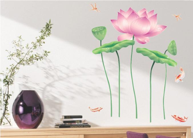 Decal trang trí tường - Sen Hồng mỏng và đán cá KOI nhỏ