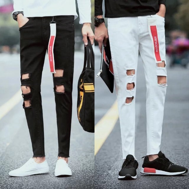 [HCM]Quần Jean TRắng Đen Rách Thời TRang