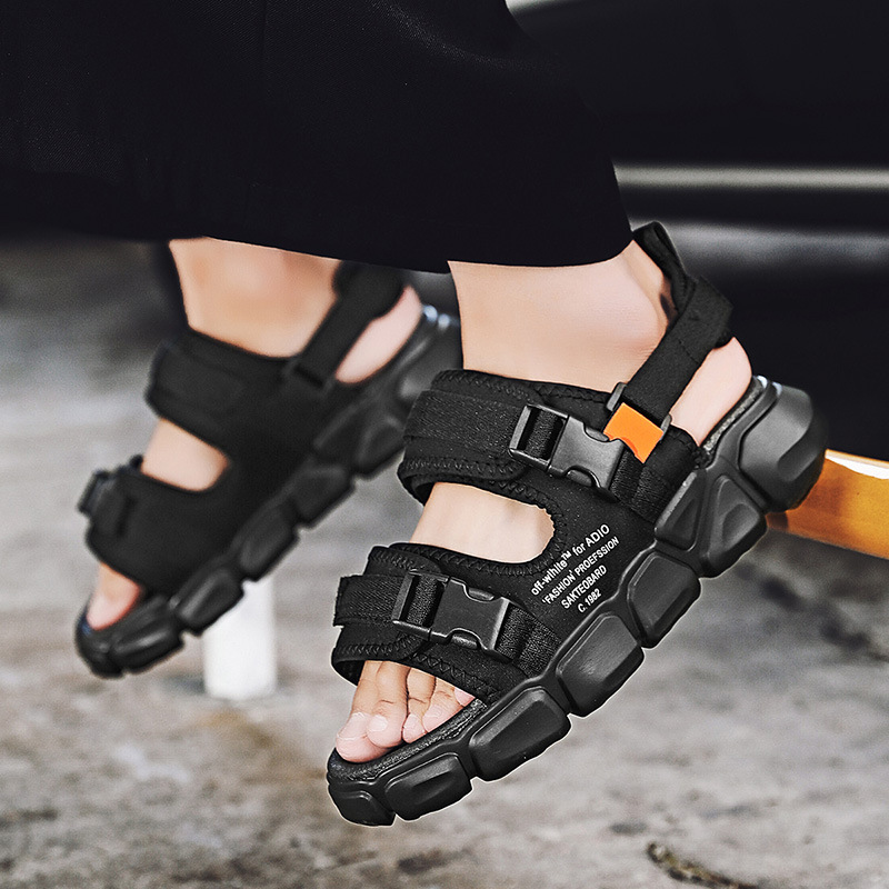 Dép nam đi biển 2 quai Velcro, dép co giãn có thể điều chỉnh, dép đế dày phẳng, dép thời trang mùa hè