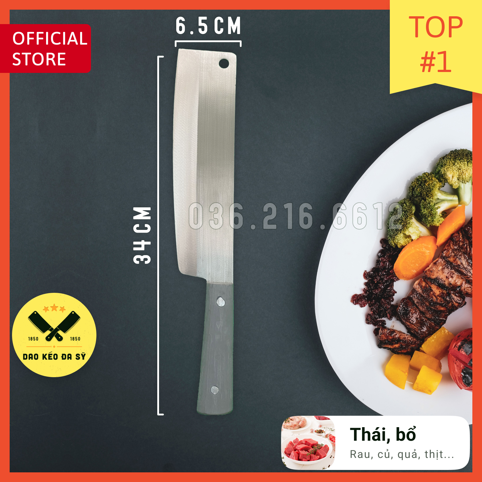 Dao thái nhà bếp, thái thịt, thái rau, Dao Đa Sỹ, thép Nhật trắng không gỉ