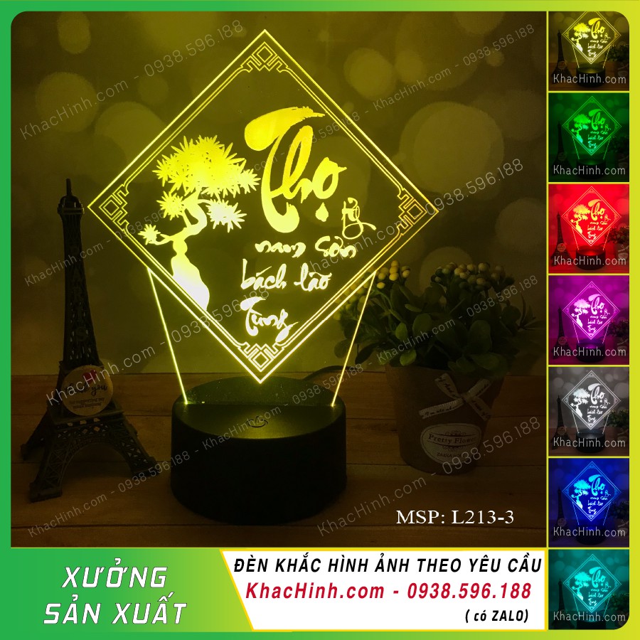 Đèn thư pháp chữ THỌ (Thọ tỷ nam sơn bách lão tùng), đèn tranh thư pháp chữ THỌ, đèn decor, thiết kế và khắc hình theo yêu cầu,quà tặng sinh nhật, quà tặng khách hàng… khachinh.com