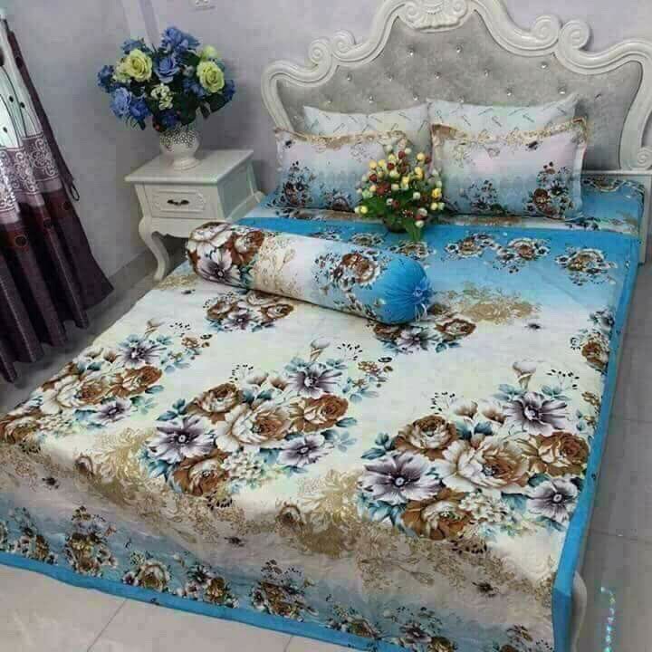[Siêu Hot] Bộ Chăn Ga 5 Món Cotton Poly Hoa Cúc Trắng ( 1m6 x 2m ) - ( 1 drap + 1 vỏ gối ôm + 2 vỏ gối nằm + 1 chăn hè )
