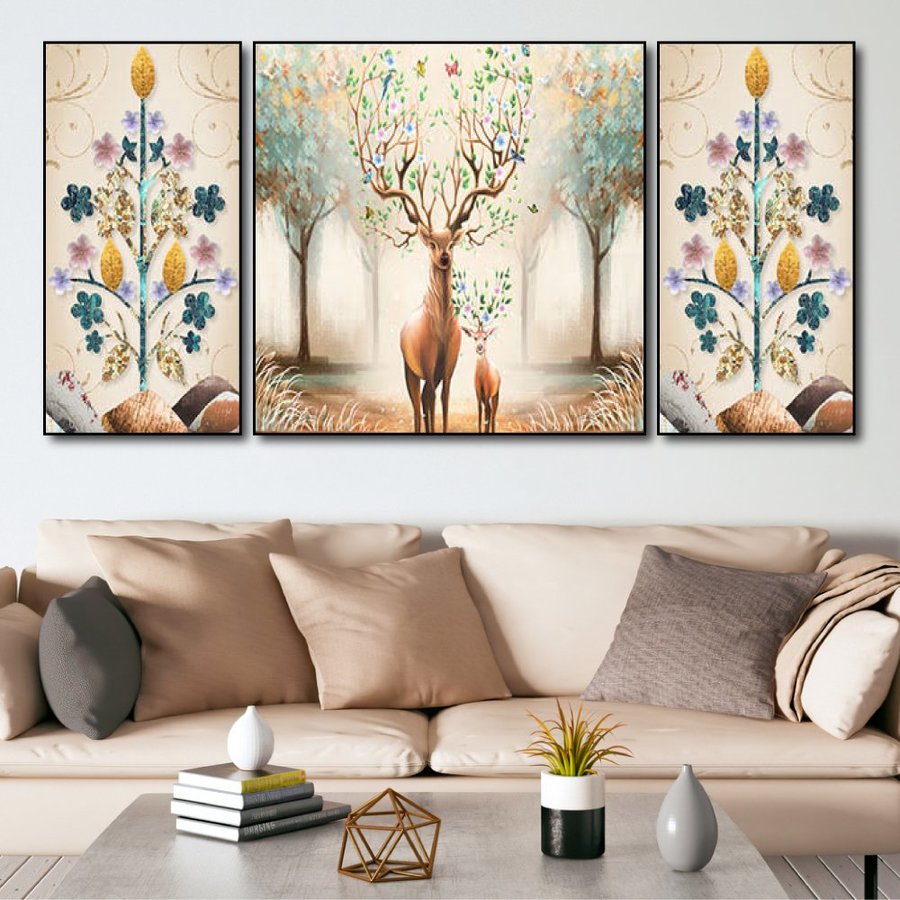 [Tặng đinh treo] Bộ 3 bức tranh canvas tráng gương treo tường nghệ thuật có khung cỡ lớn trang trí decor phòng khách phòng ngủ in 3D hiện đại Tranh gỗ tráng gương tặng kèm đinh