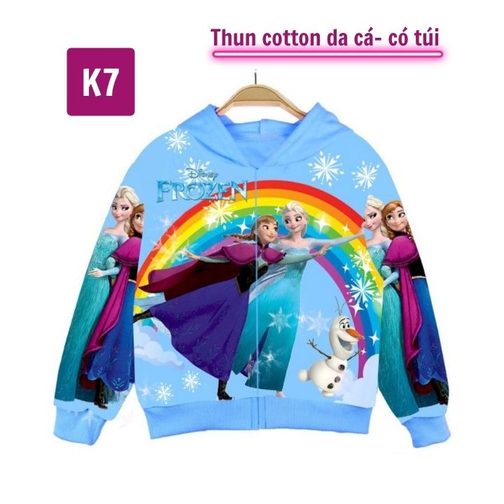 Áo khoác bé gái hình Elsa từ 10-43kg -Thun cotton da cá in 3D cực chất- Kiến Lửa