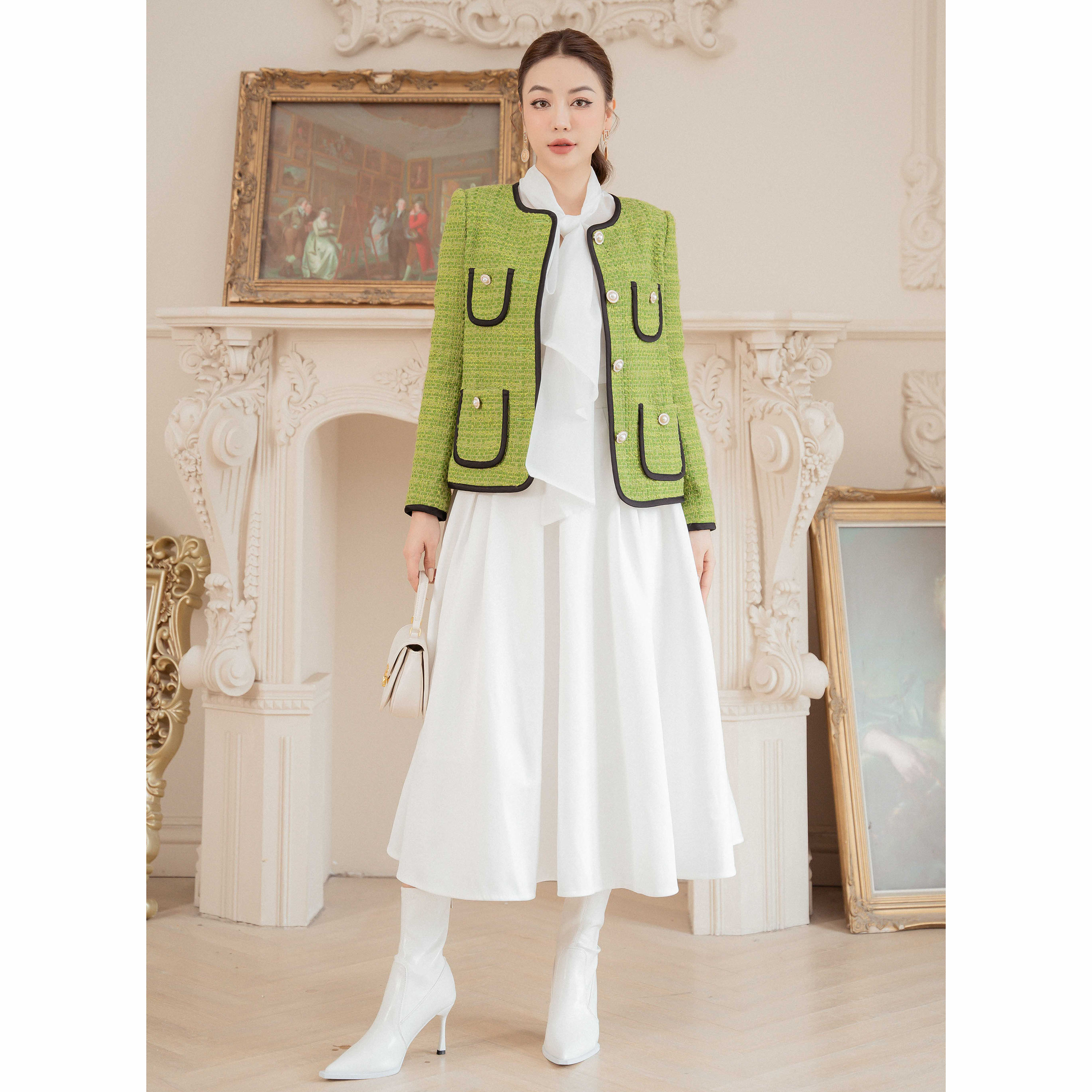Áo Vest dạ tweed xanh cổ tròn SIXDO (Green Nuggets Tweed Vest)