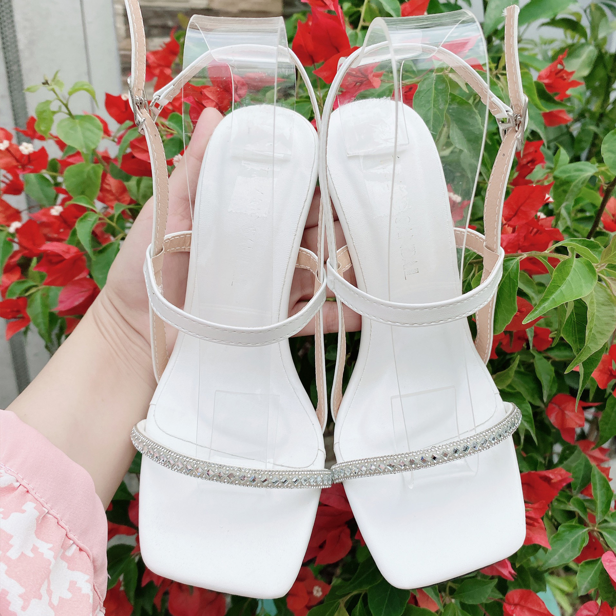 Sandal quai mảnh gót 9 phân TRẮNG