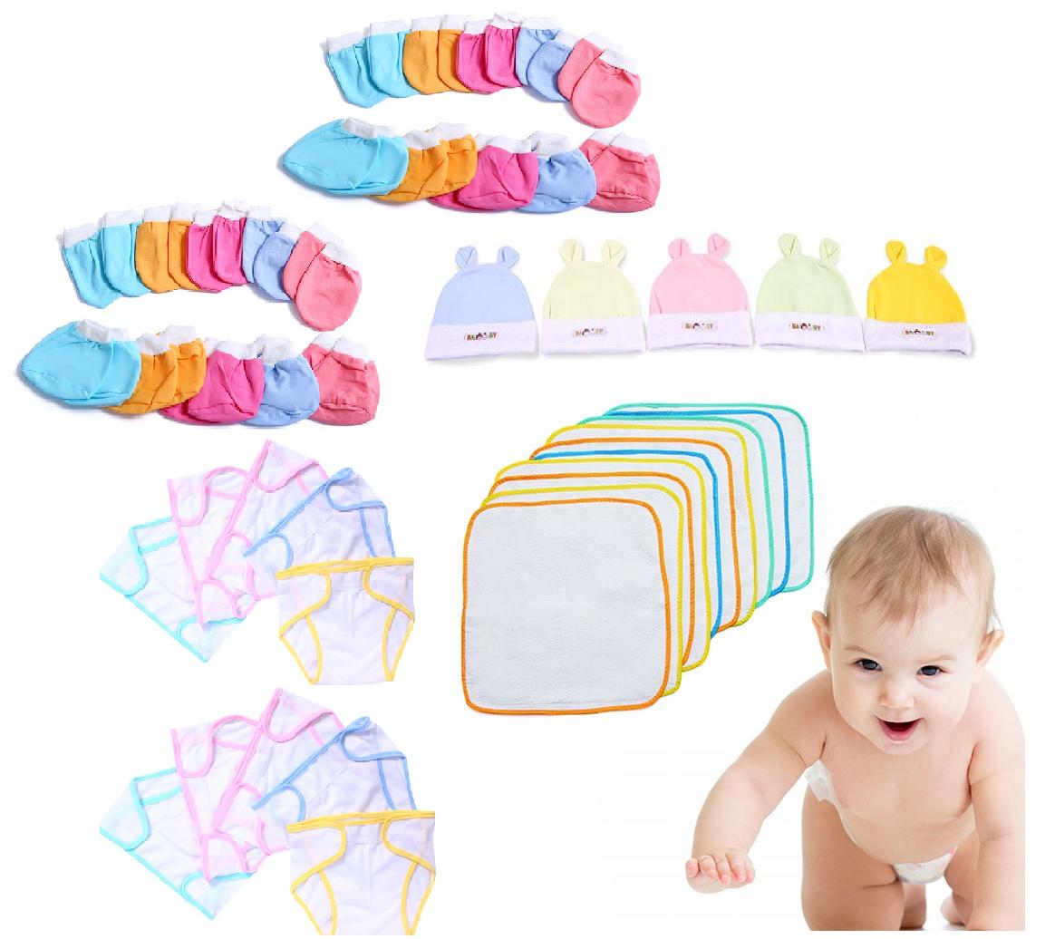 [HCM] combo 45 món phụ kiện cho bé( 10 Tã vải + 10 Khăn Lót Chống Thấm + 5 nón + 10 cặp bao tay + 10 cặp bao chân)