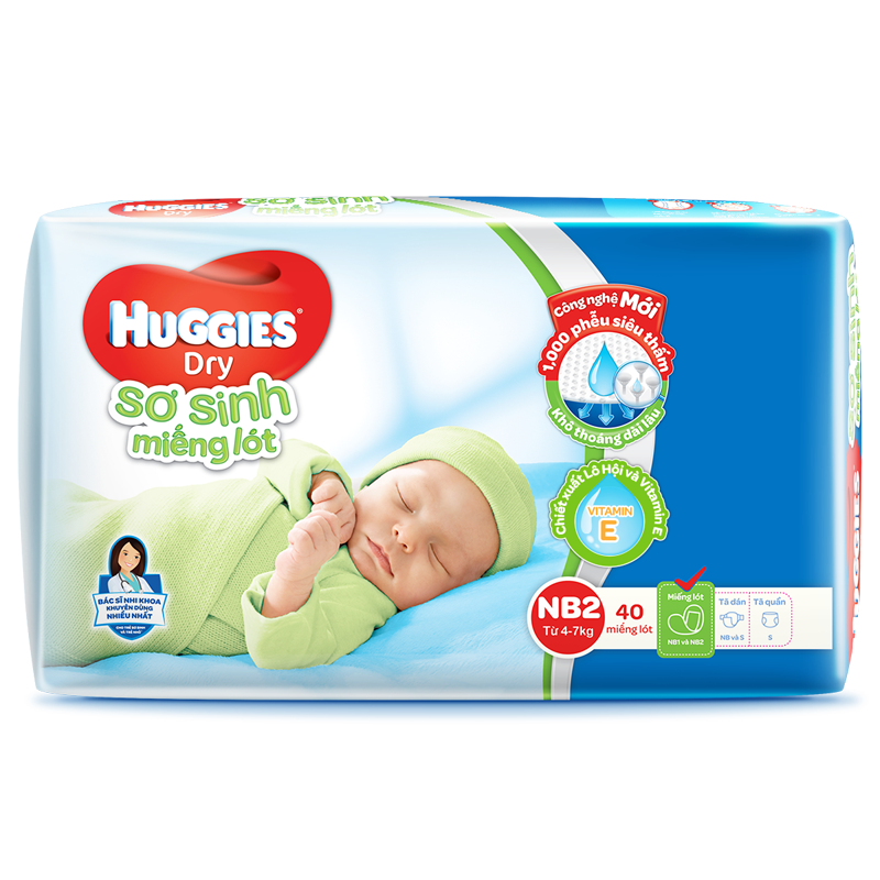Miếng Lót Sơ Sinh Huggies Dry Newborn 2 (40 Miếng) Mẫu mới - HSD luôn mới