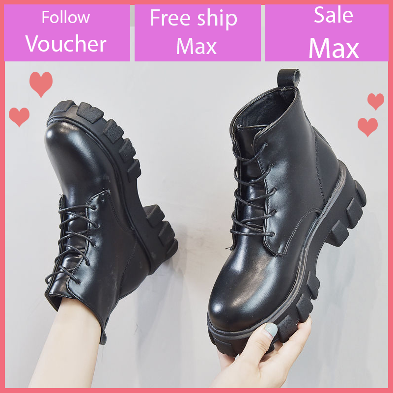 Giày bốt nữ da cổ cao hotrend buộc dây boot phong cách Ulzzang Mary Jane cổ điển gót vuông đế 5cm V329