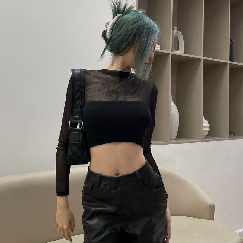 Áo thun nữ croptop tay dài phối lưới sexy, thời trang