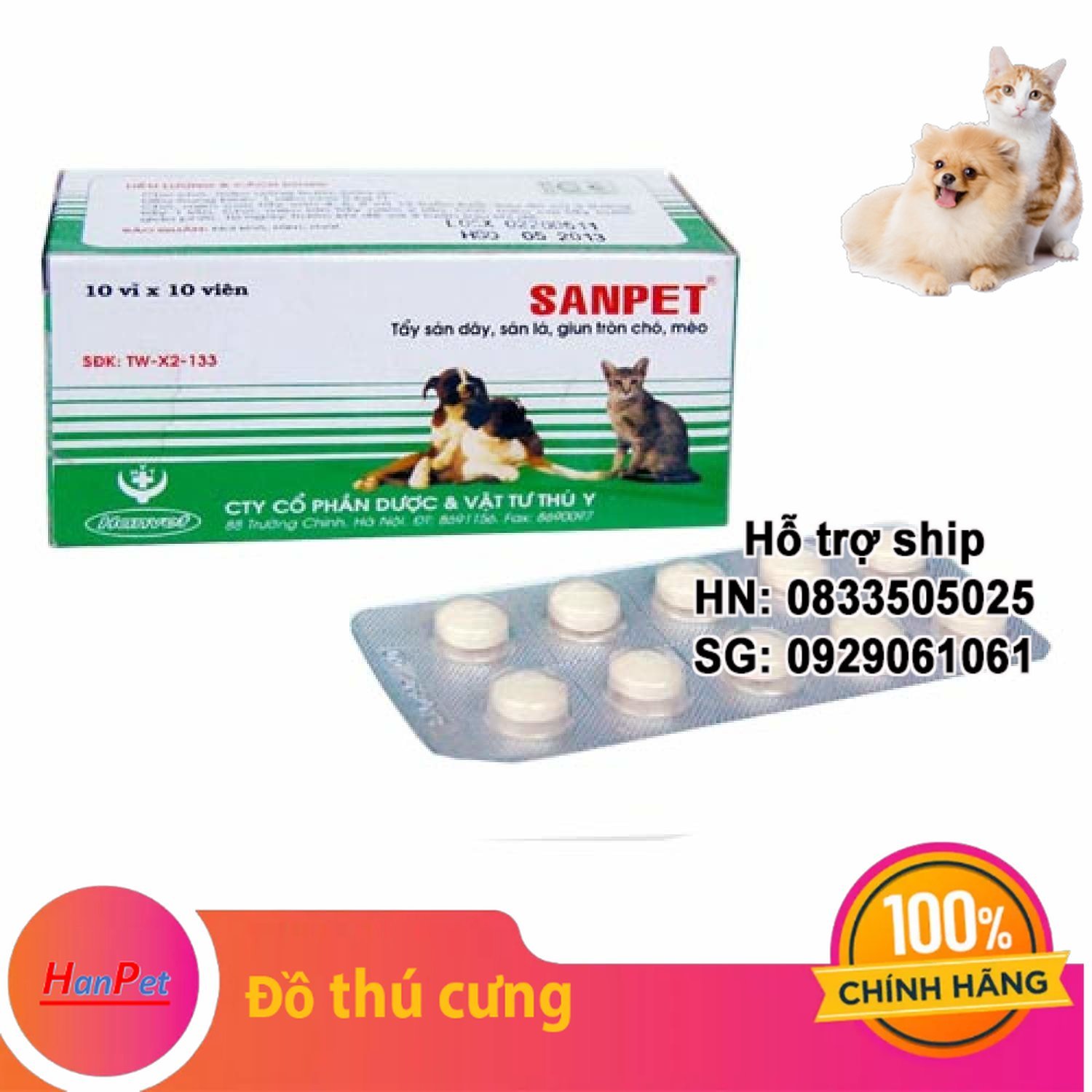 Hanpet - 1 viên tẩy giun chó mèo sanpet tây giun chó / tẩy sán chó / tẩy giun chó mèo / xổ giun chó mèo