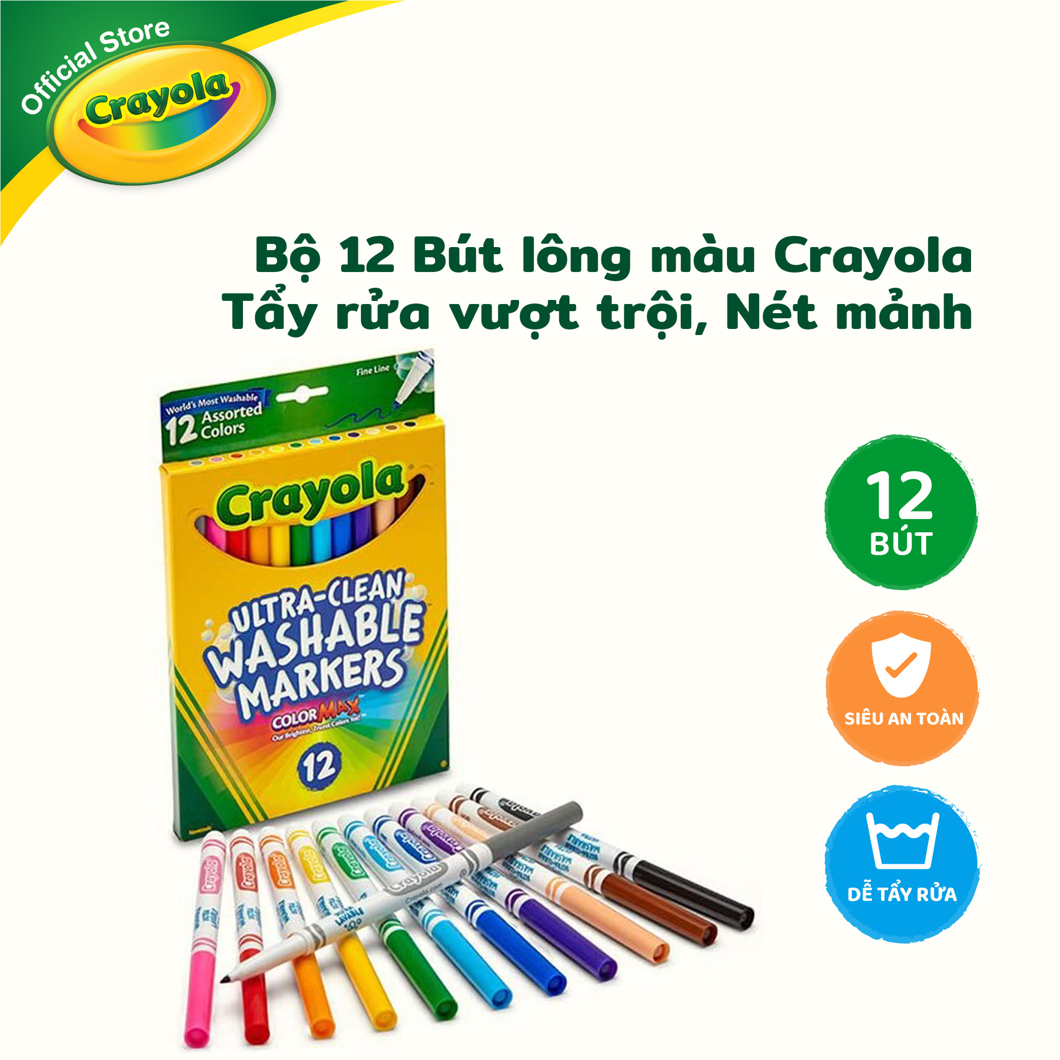 Bộ 12 Bút lông màu Crayola Tẩy rửa vượt trội, Nét mảnh - 587813