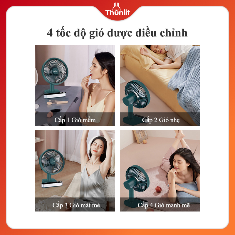 Quạt để bàn quay Thunlit USB 4000mAh có thể sạc lại 4 tốc độ gió 180 ° điều chỉnh tự động im lặng