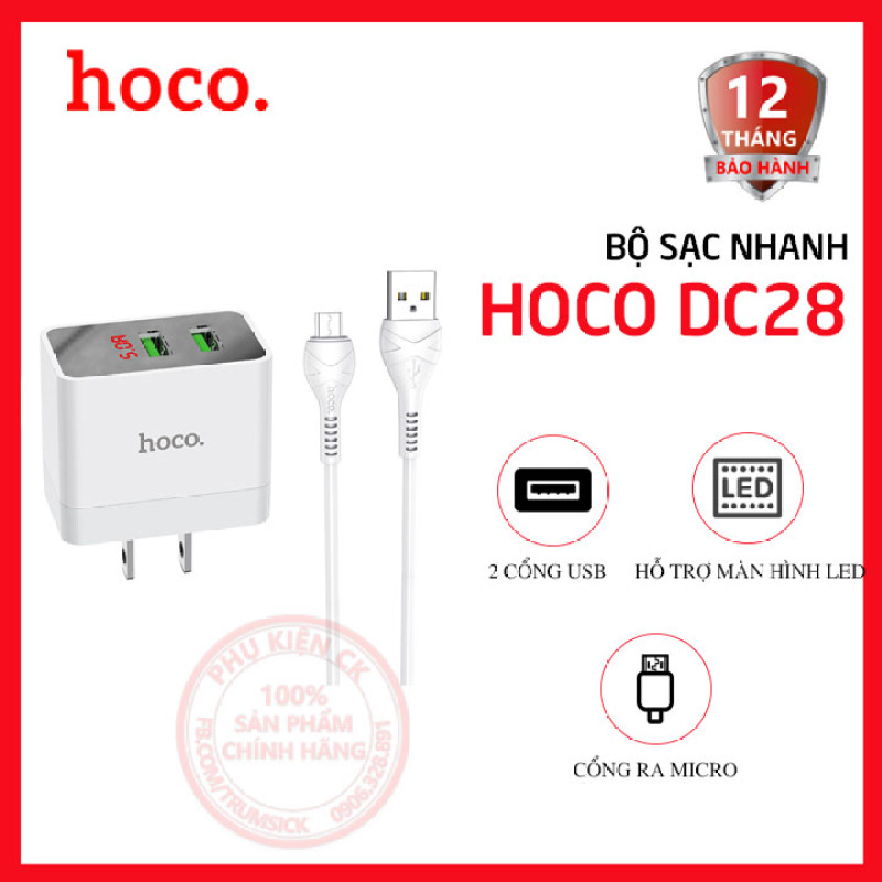 Bộ sạc nhanh Hoco DC28 2 cổng USB 5.0A màn hình led kèm cáp Micro USB dài 1m