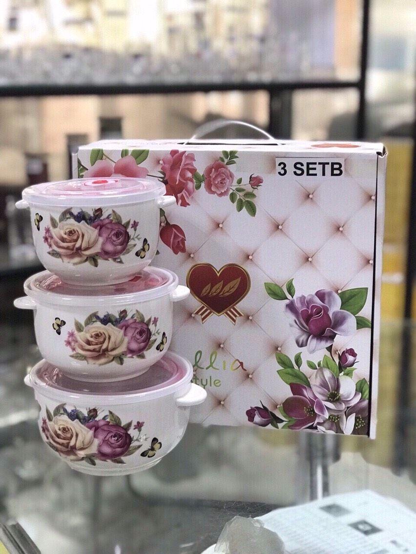 Combo 3 bát sứ có tai, nắp hút chân không