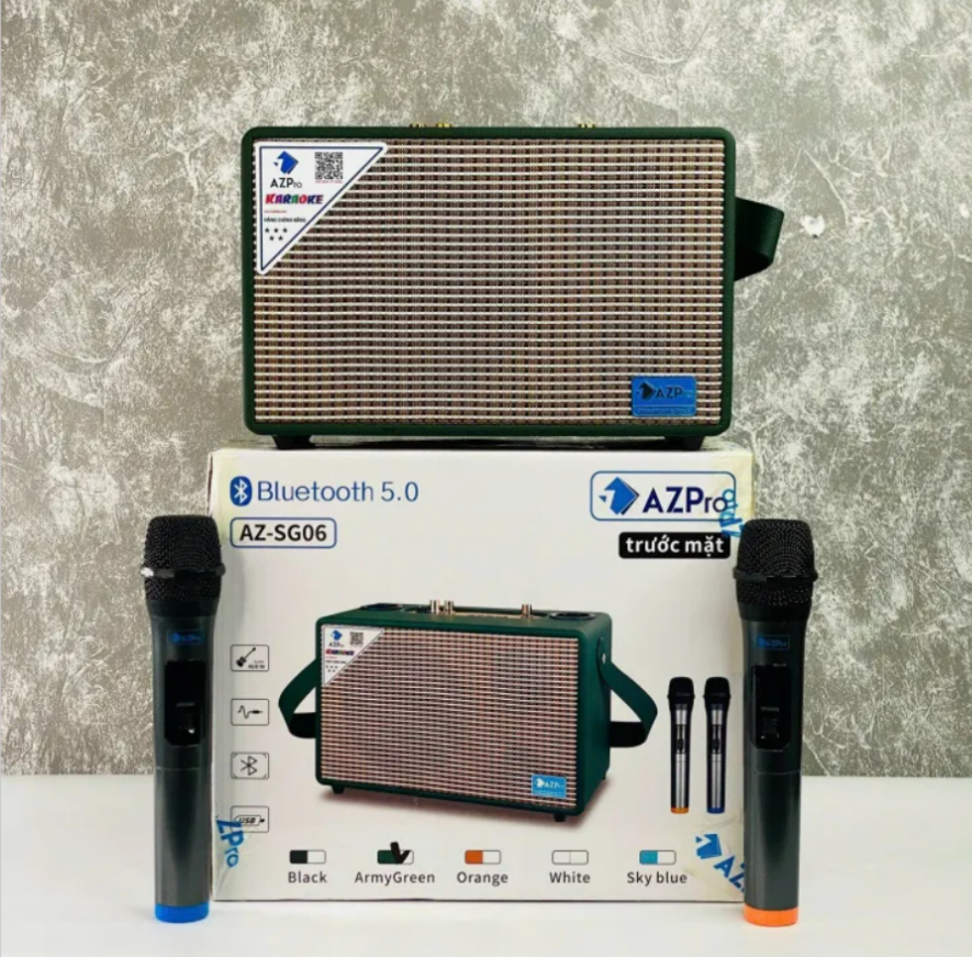 Loa Bluetooth Karaoke AZPRO SG06 Kèm 2 Micro Không Dây, Loa Karaoke Mini Hỗ Trợ Bluetooth 5.0 Chất Liệu Thùng Gỗ Bọc Da Bass 15Cm Công Suất Lớn Pin Trâu Nhỏ Gọn Âm Thanh Trầm Ấm Bass Căng Bảo Hành 12 Tháng