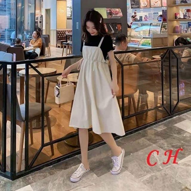 [HCM]Combo Yếm Váy Trơn 2 Dây Chun Eo Và Áo Thun Đen Ulzzang
