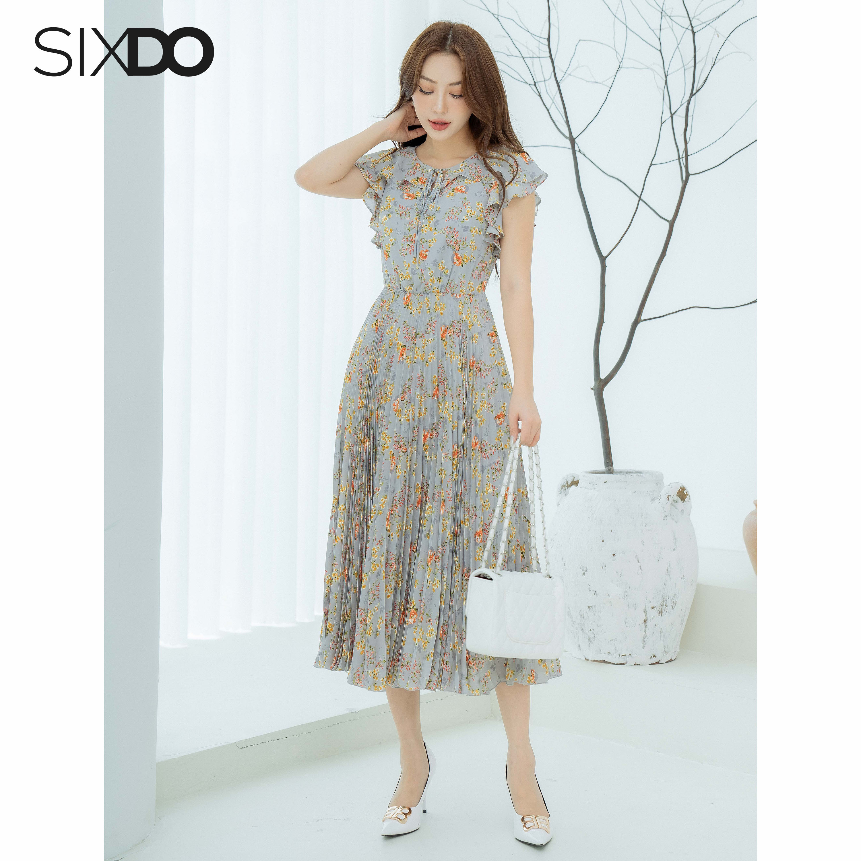 Đầm maxi hoa chiffon xếp ly SIXDO (Grey Floral Maxi Chiffon Dress)