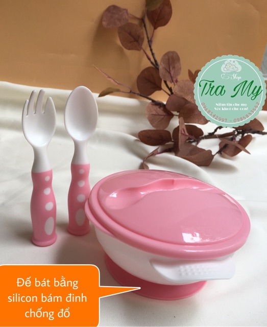 Bát ăn dặm chống đổ có nắp đậy  thìa và dĩa