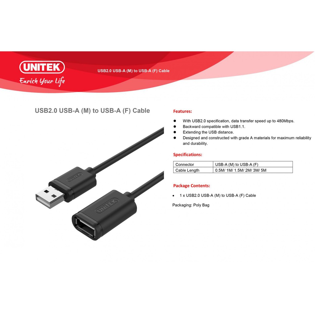 CÁP USB NỐI DÀI 2.0 - 1M UNITEK Y-C 428GBK