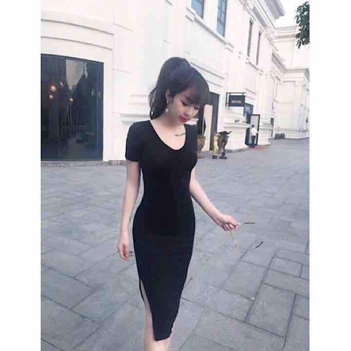 Đầm ôm body cổ tim, chất thun gân co giãn, freesize<54kg