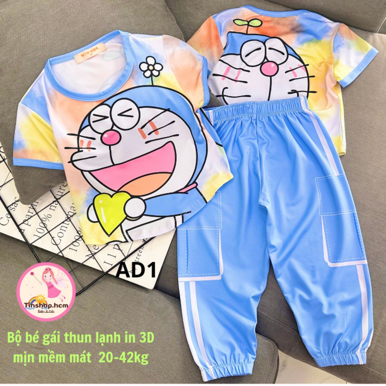 Đồ bộ bé gái quần ống rộng jogger thun lạnh in 3D chính phẩm - Bộ tay ngắn quần dài bé gái size đại DLT
