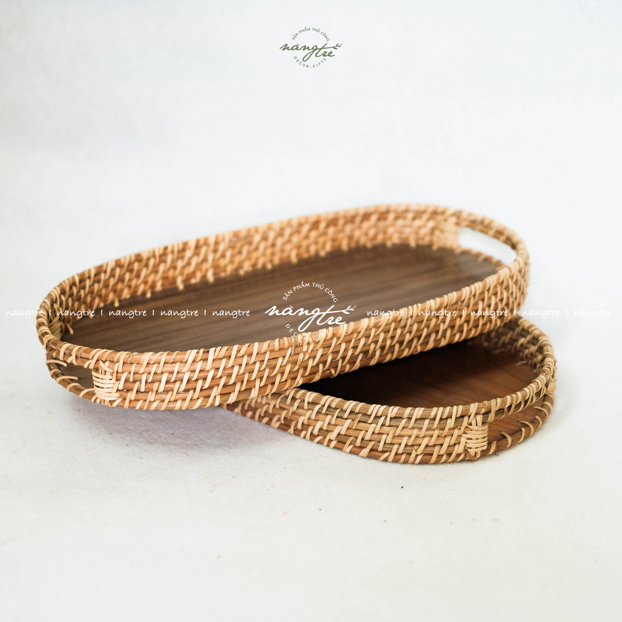 [HCM]Khay mây oval - Khay oval đế gỗ óc chó - Oval rattan tray