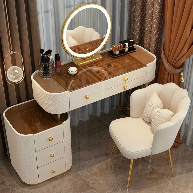 Bàn trang điểm cao cấp, bàn phấn nhiều ngăn để mỹ phẩm kèm ghế nơ, có gương đèn led thông minh - hàng nhập khẩu chính hãng - winwinx