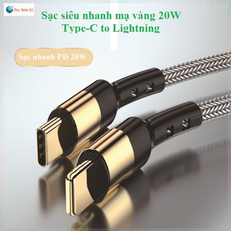 Cáp sạc nhanh 20w pd cho ip 7/7plus/8/8plus/x/xr/xs/11/12/pro/max / macbook, ipad pro – cáp sạc mạ vàng c to l 20w