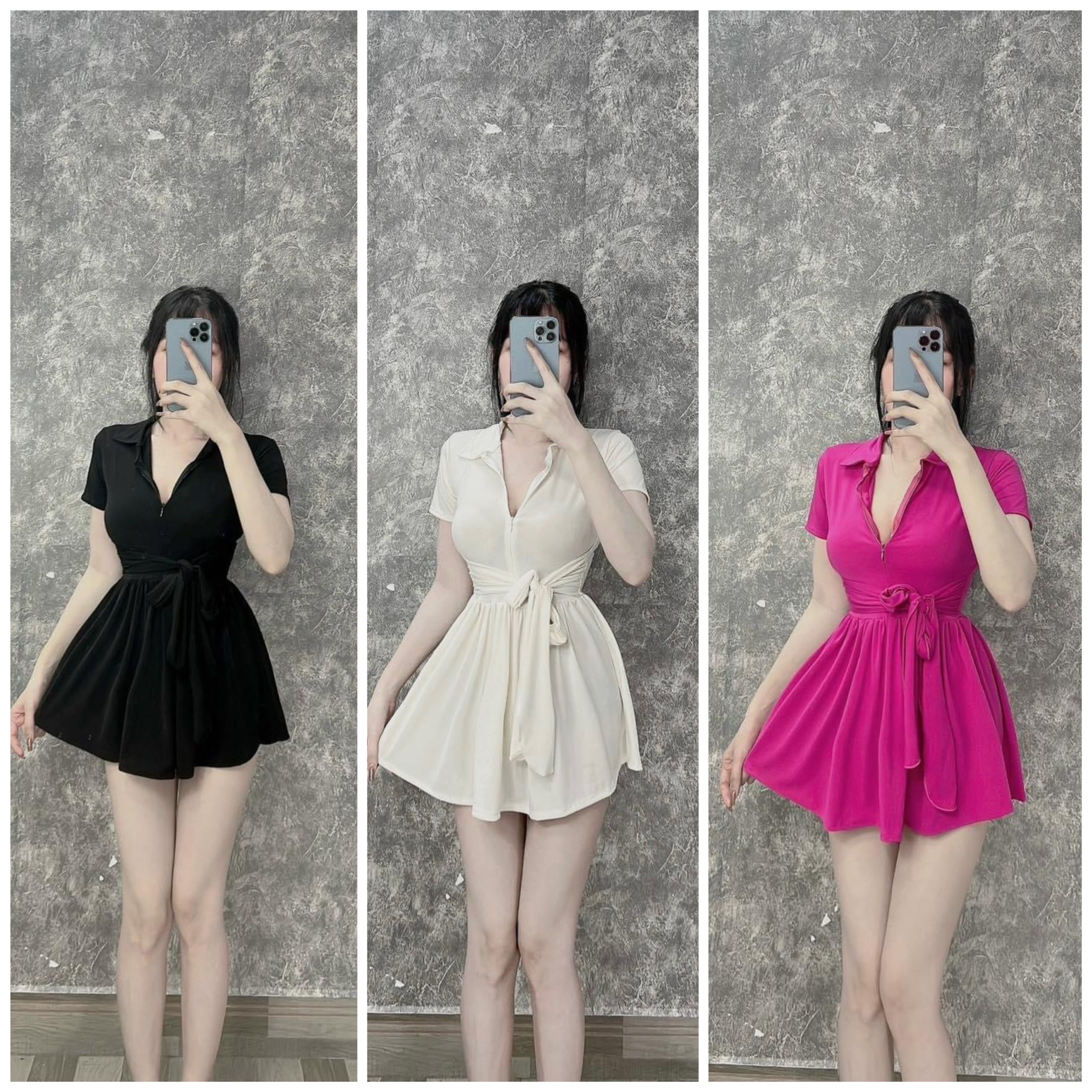 Đầm Cộc Tay Cổ Trụ Thắt Eo