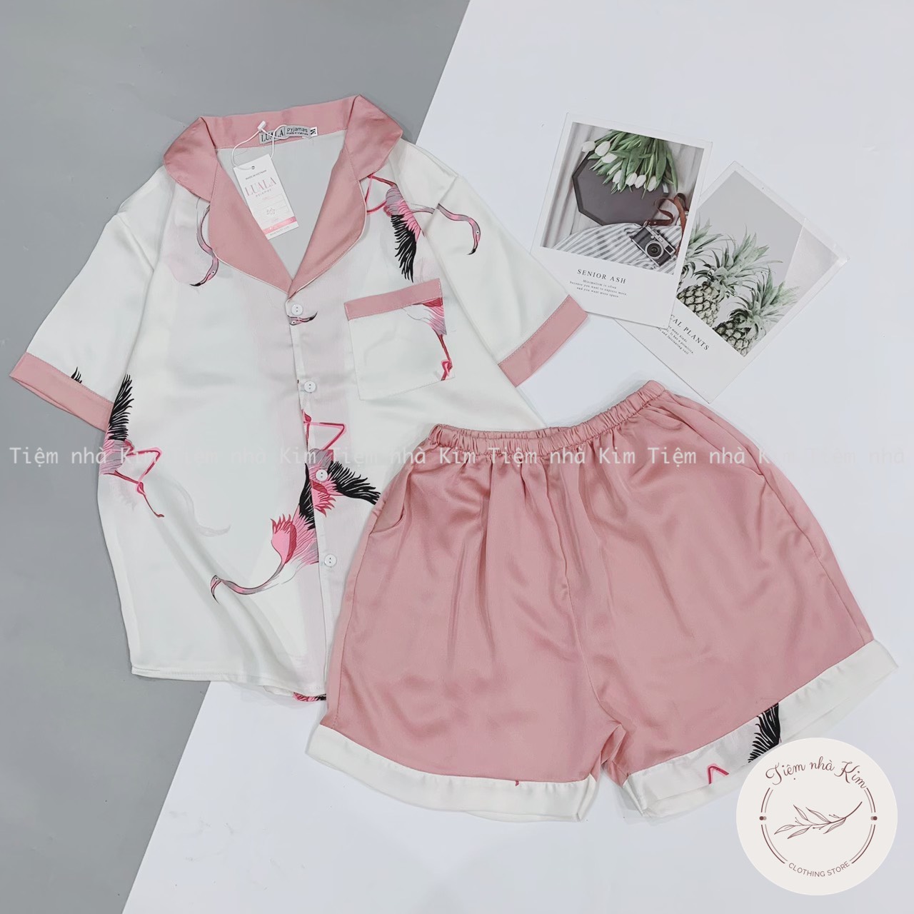 Bộ Pijama Lụa Satin - Bộ Mặc Nhà Cộc Đùi -  Hồng Hạc