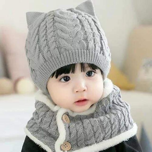 Set mũ Len tai mèo kèm khăn cho bé