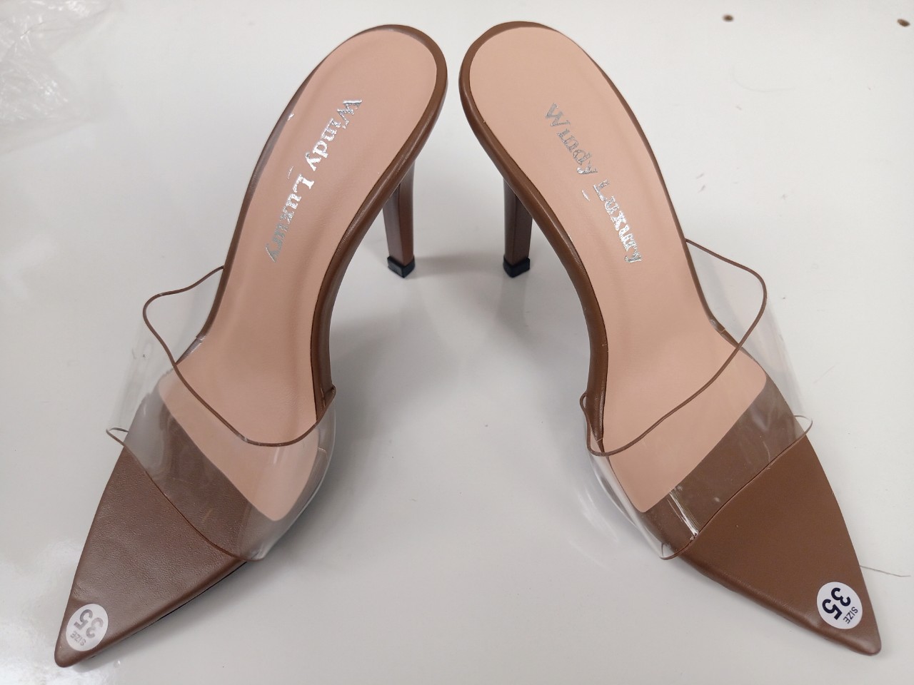 Giày/Dép/Guốc nữ cao gót, mũi nhọn, quai trong, quai ngang mika trong suốt, đế nhọn 7-9cm