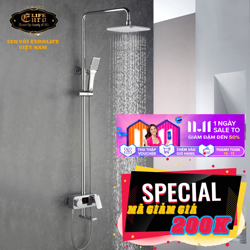Bộ sen cây tắm đứng nóng lạnh, cảm biến nhiệt độ, màn hình LED Eurolife EL-S907 (Trắng bạc)