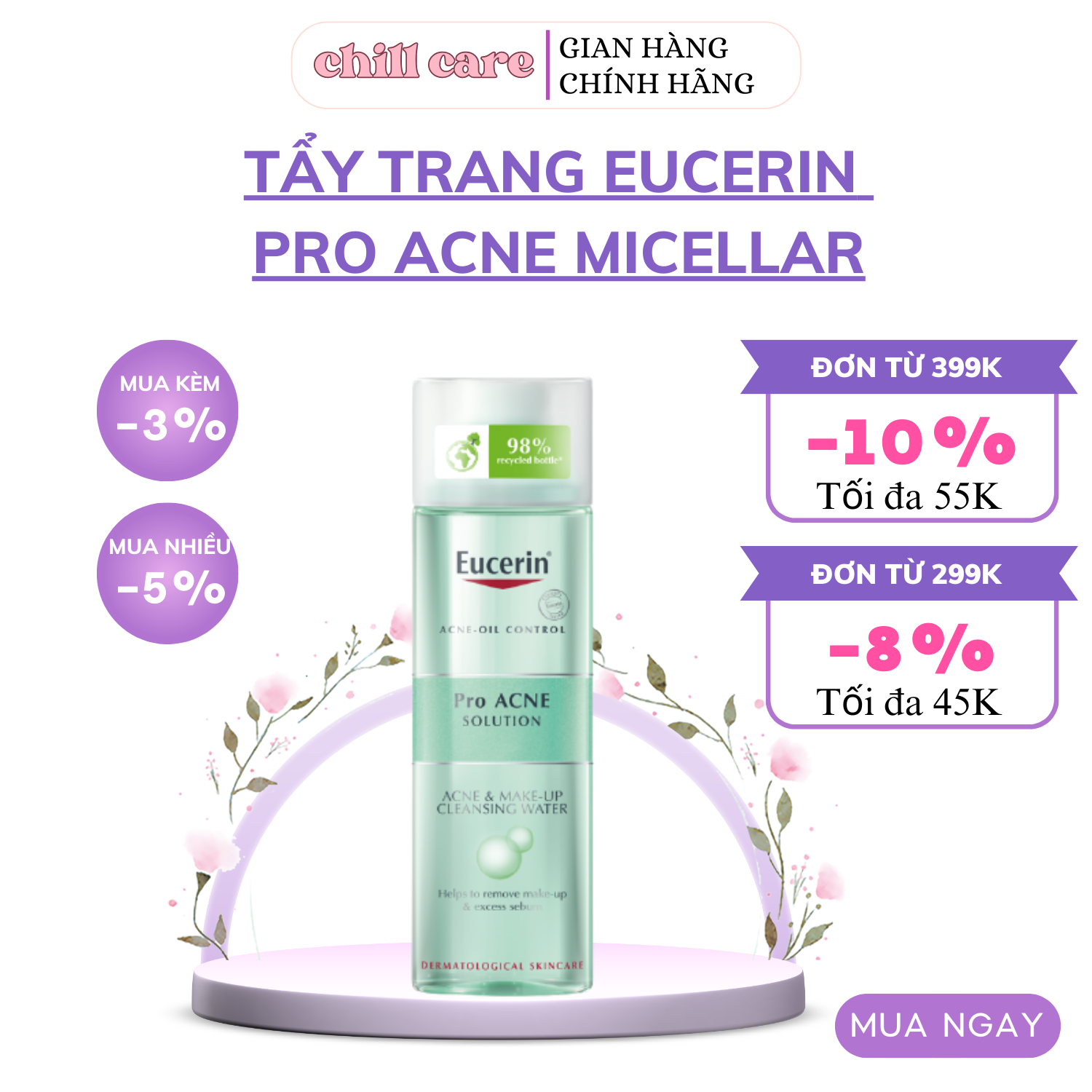 Nước tẩy trang cho da dầu mụn eucerin pro acne micellar water 200ml