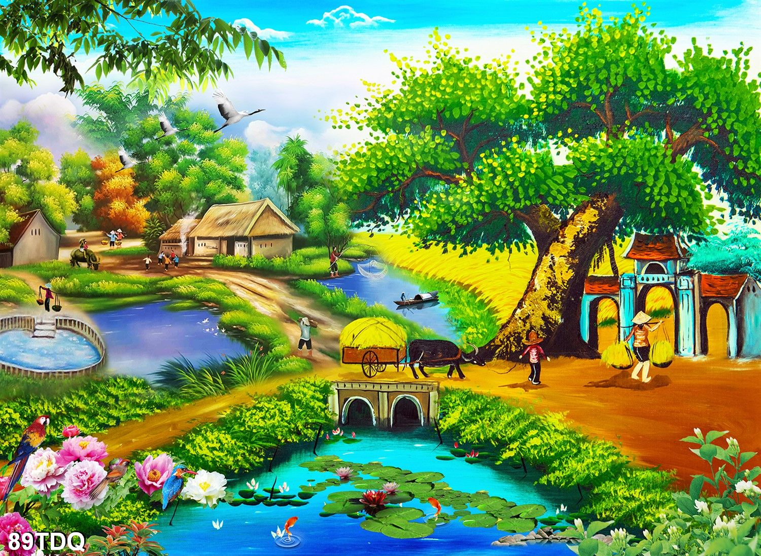 Tranh dán tường phong cảnh làng quê việt nam giả sơn dầu, tranh đồng quê , tranh quê hương, t