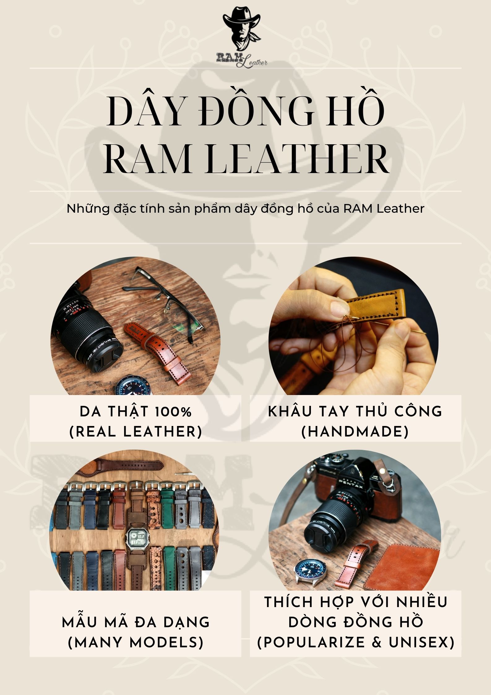 Dây da đồng hồ Siêu bền Da Bò Bản Bền Đẹp RAM Leather Simple 1