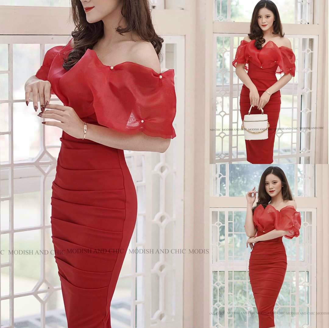 Đầm body bẹt vai nhún ngực-QH#damnu